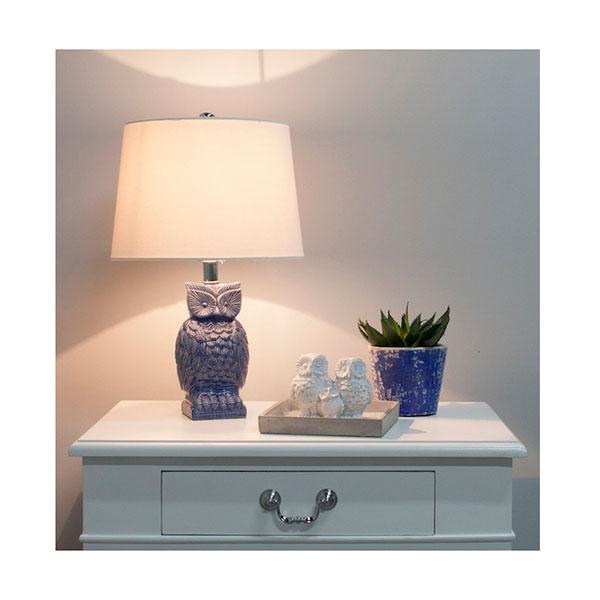 2 Blue Owl Bedside Lamp Mid Blue Gloss Ceramic With Shade
